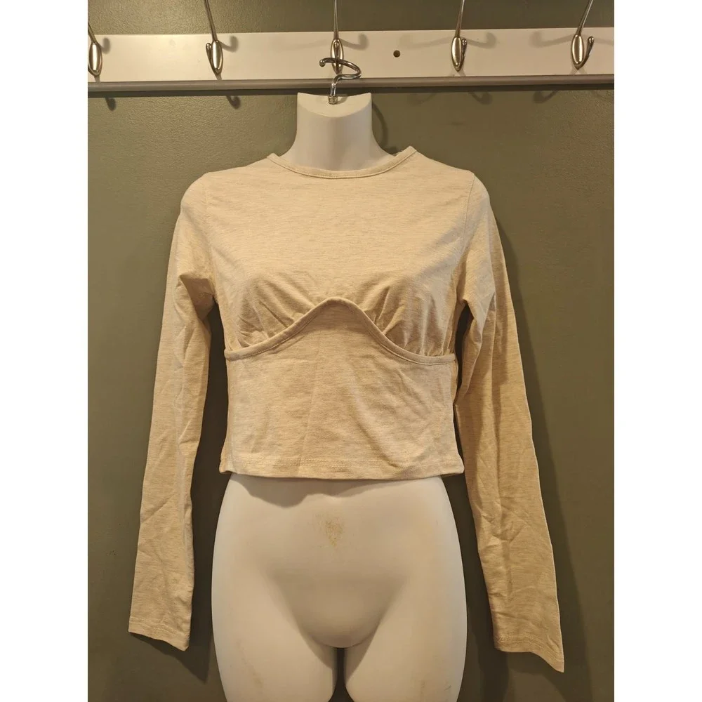 prettylittlething SHAPE OATMEAL MARL UNDERBUST LONG SLEEVE TOP - Picture 4 of 4